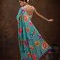 Turquoise Chiffon Digital Print Floral Saree with Unstitched Blouse - Hiral Fashion | Swadesiicart