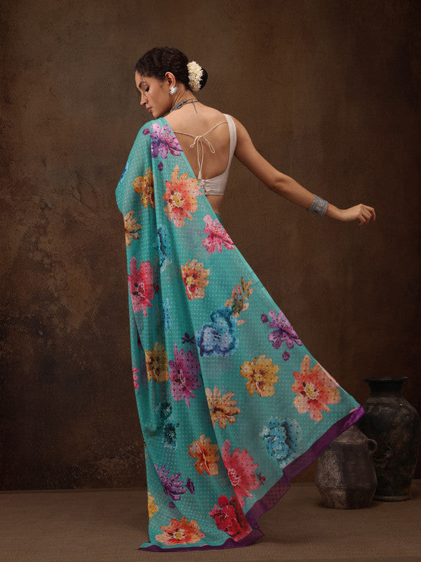 Turquoise Chiffon Digital Print Floral Saree with Unstitched Blouse - Hiral Fashion | Swadesiicart