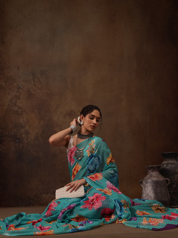 Turquoise Chiffon Digital Print Floral Saree with Unstitched Blouse - Hiral Fashion | Swadesiicart