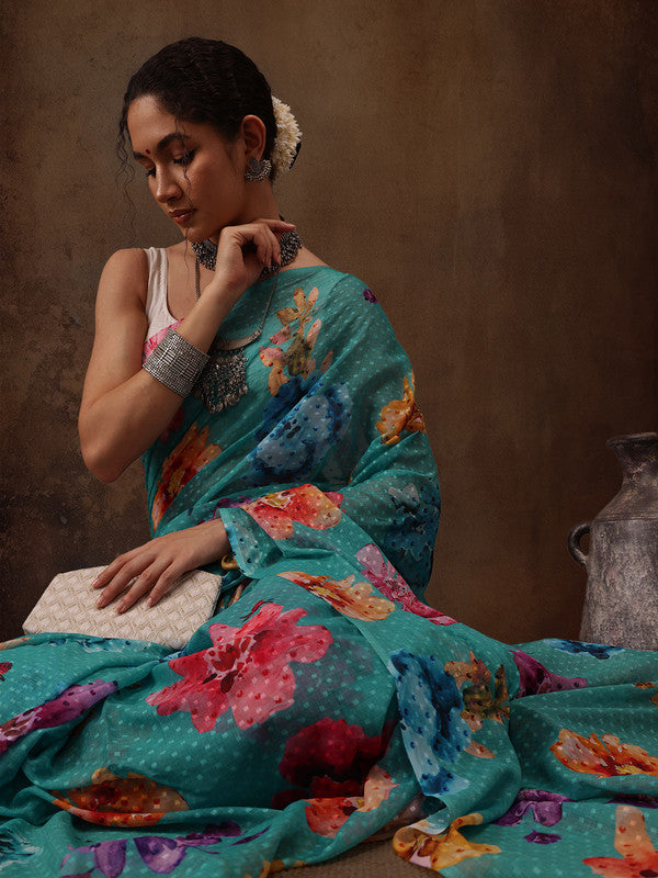 Turquoise Chiffon Digital Print Floral Saree with Unstitched Blouse - Hiral Fashion | Swadesiicart