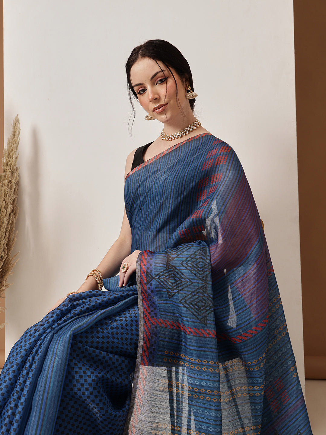 Hiral Fashion Blue Banarasi Cotton Silk Abstract Digital Printed Saree | Swadesiicart