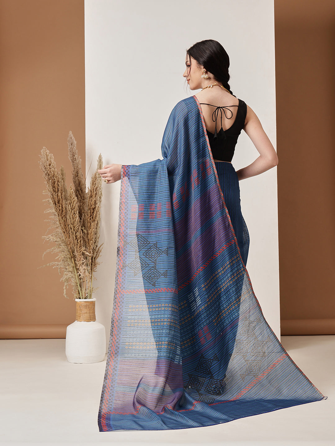Hiral Fashion Blue Banarasi Cotton Silk Abstract Digital Printed Saree | Swadesiicart