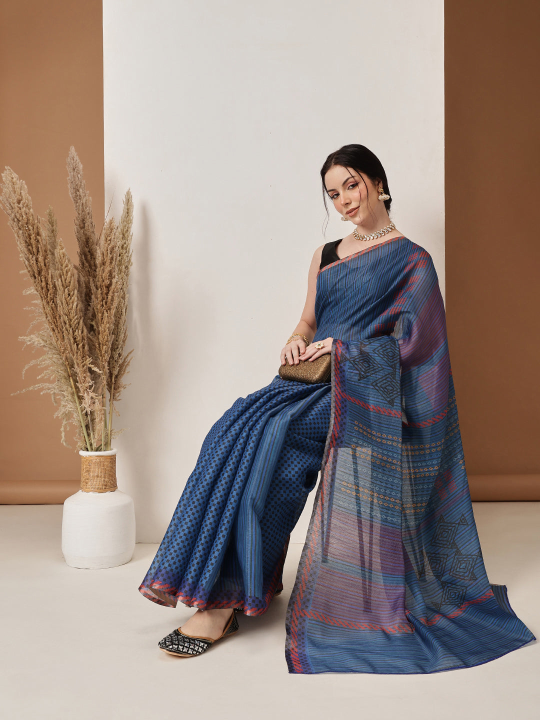 Hiral Fashion Blue Banarasi Cotton Silk Abstract Digital Printed Saree | Swadesiicart