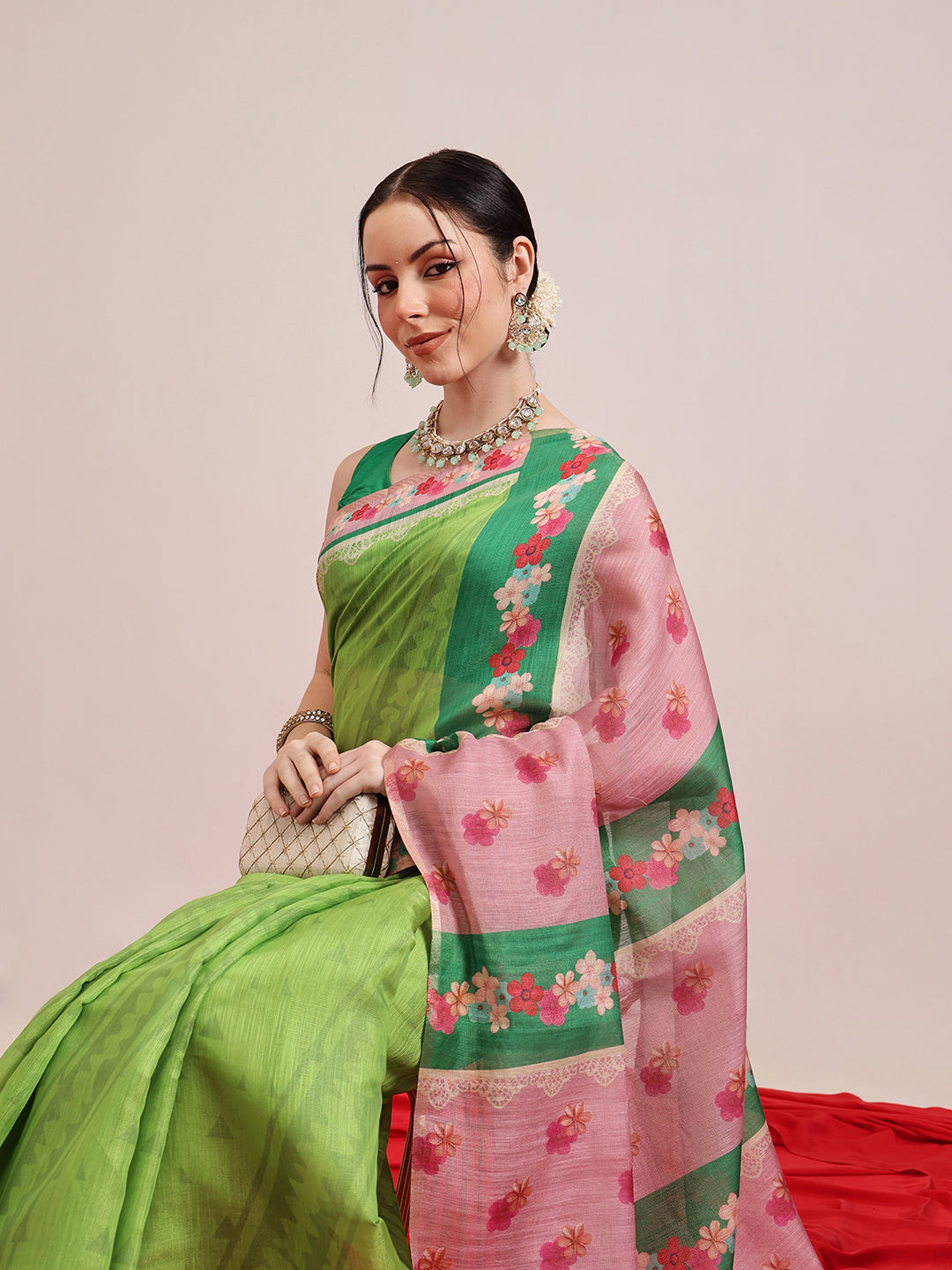 Hiral Fashion Green Banarasi Cotton Silk Abstract Digital Printed Saree | Swadesiicart