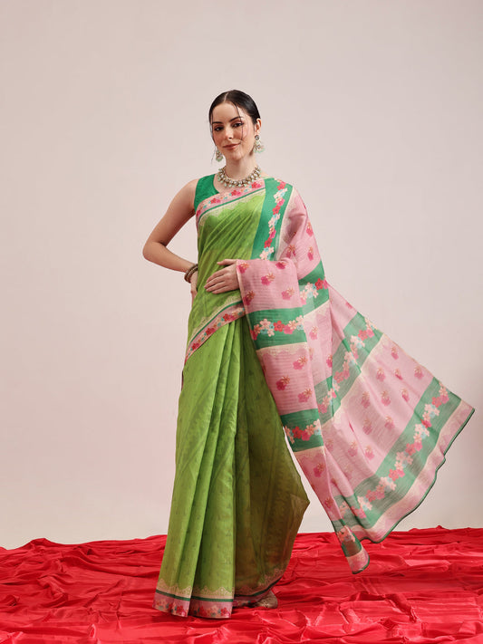 Hiral Fashion Green Banarasi Cotton Silk Abstract Digital Printed Saree | Swadesiicart