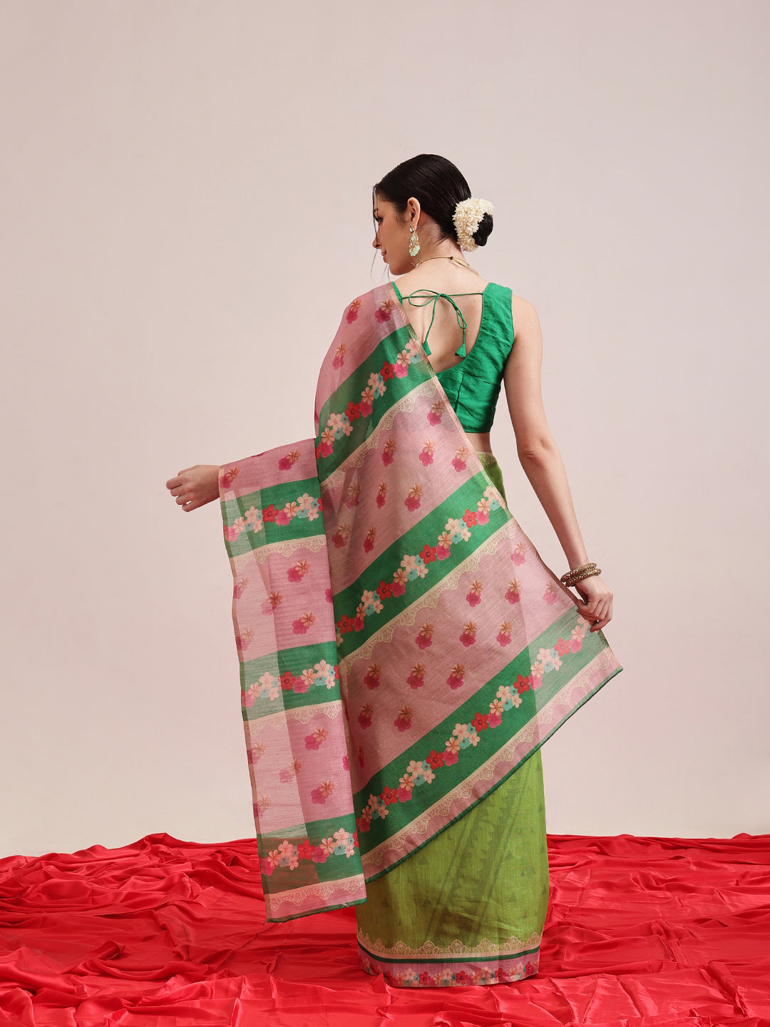 Hiral Fashion Green Banarasi Cotton Silk Abstract Digital Printed Saree | Swadesiicart