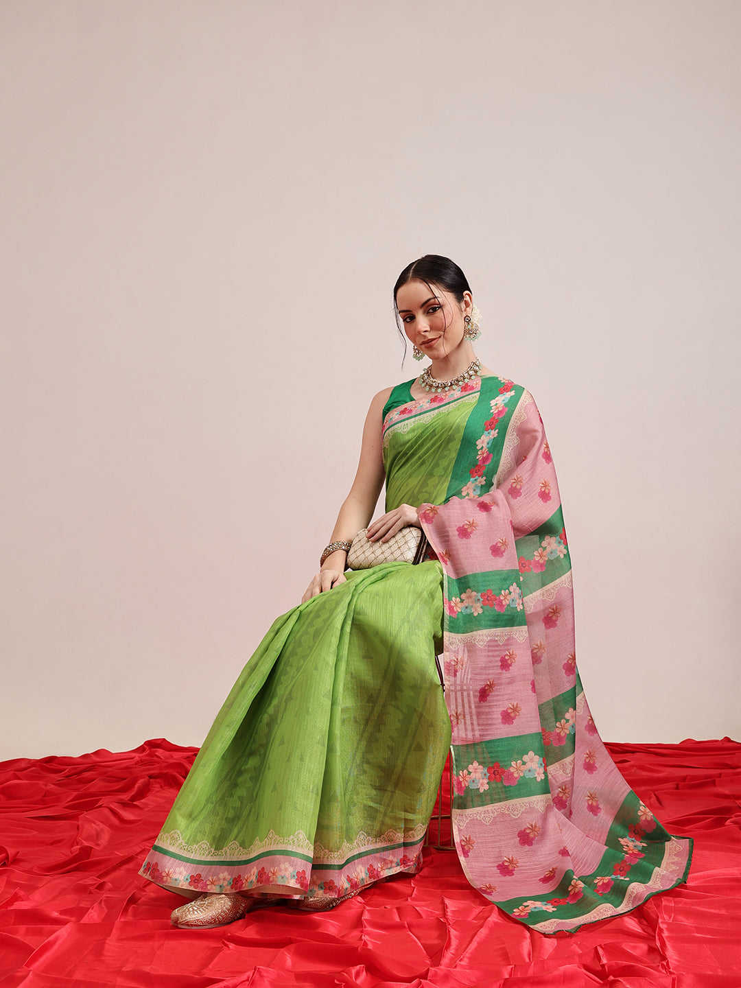 Hiral Fashion Green Banarasi Cotton Silk Abstract Digital Printed Saree | Swadesiicart