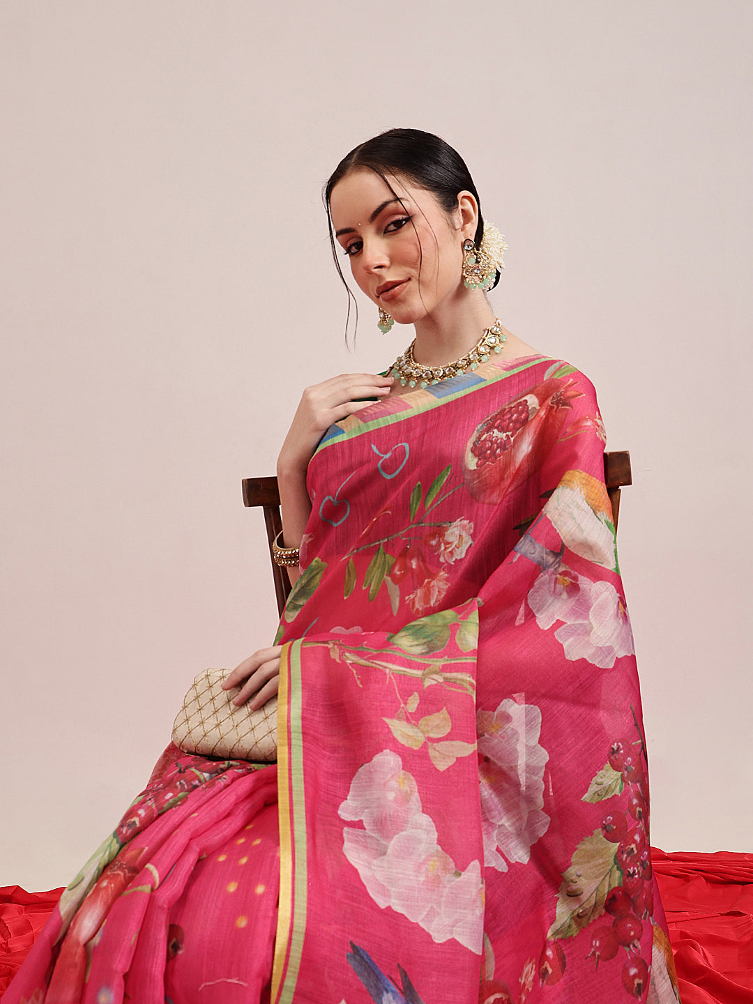 Hiral Fashion Pink Banarasi Cotton Silk Fruits Digital Printed Saree | Swadesiicart