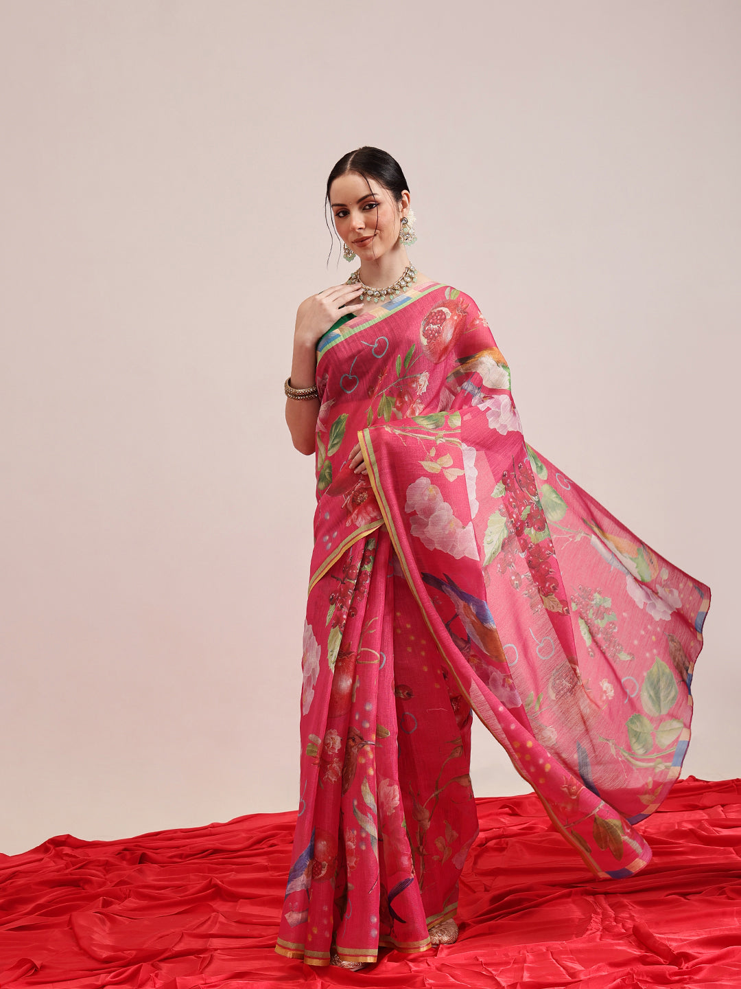 Hiral Fashion Pink Banarasi Cotton Silk Fruits Digital Printed Saree | Swadesiicart