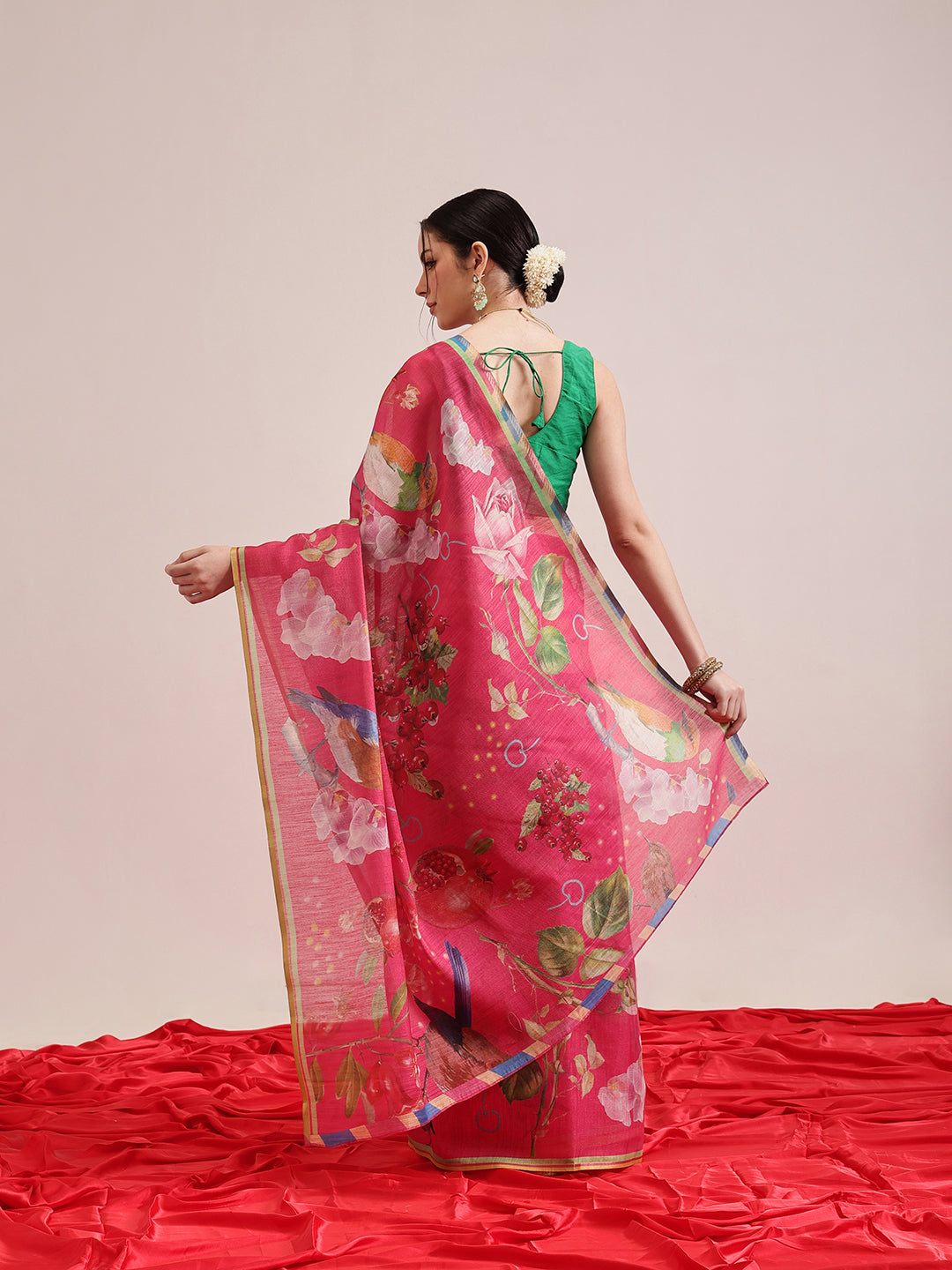 Hiral Fashion Pink Banarasi Cotton Silk Fruits Digital Printed Saree | Swadesiicart