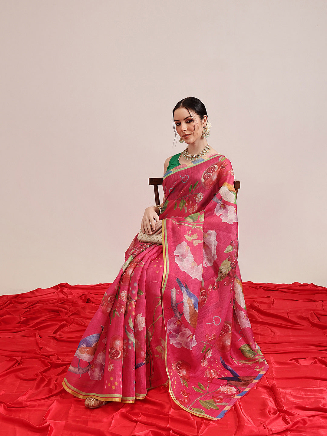 Hiral Fashion Pink Banarasi Cotton Silk Fruits Digital Printed Saree | Swadesiicart
