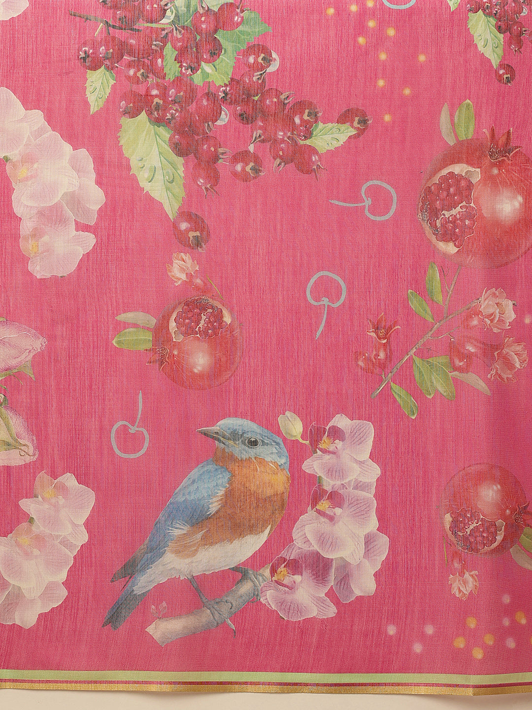 Hiral Fashion Pink Banarasi Cotton Silk Fruits Digital Printed Saree | Swadesiicart
