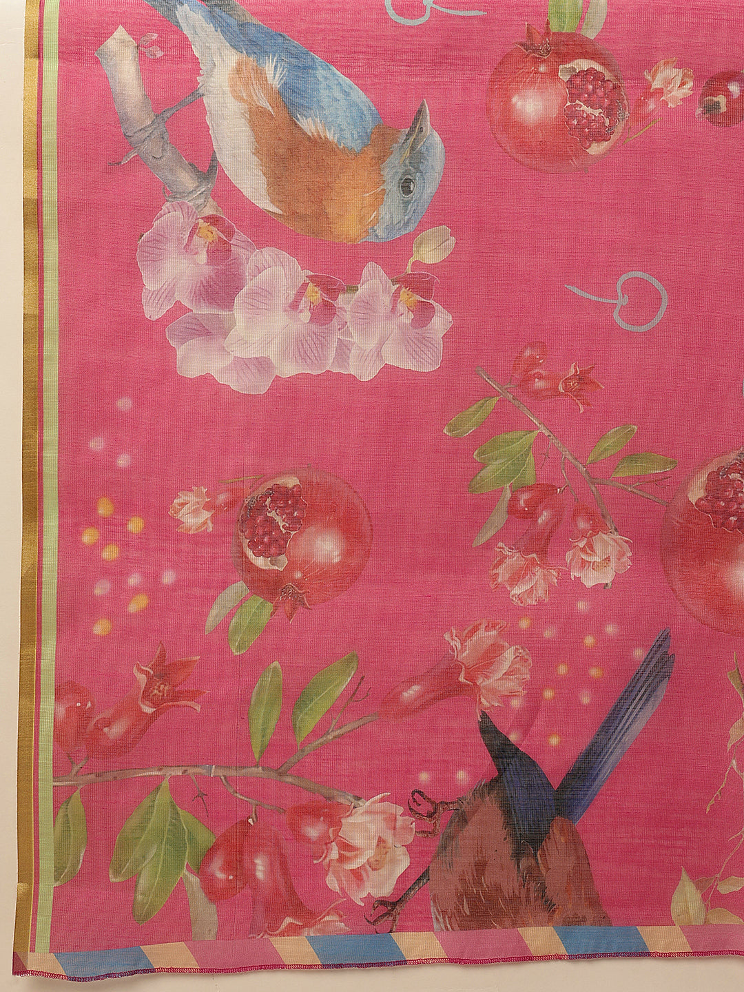 Hiral Fashion Pink Banarasi Cotton Silk Fruits Digital Printed Saree | Swadesiicart