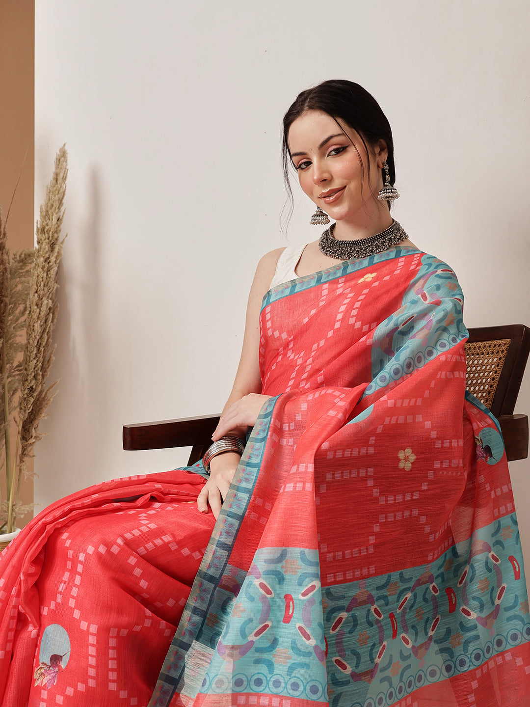 Hiral Fashion Red Banarasi Cotton Silk Fruits Digital Printed Saree | Swadesiicart