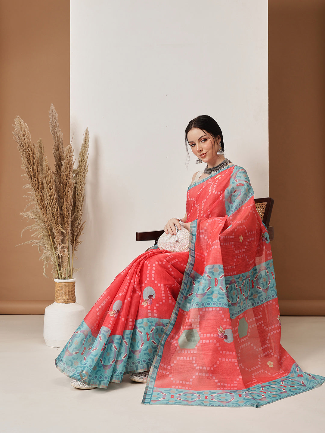Hiral Fashion Red Banarasi Cotton Silk Fruits Digital Printed Saree | Swadesiicart