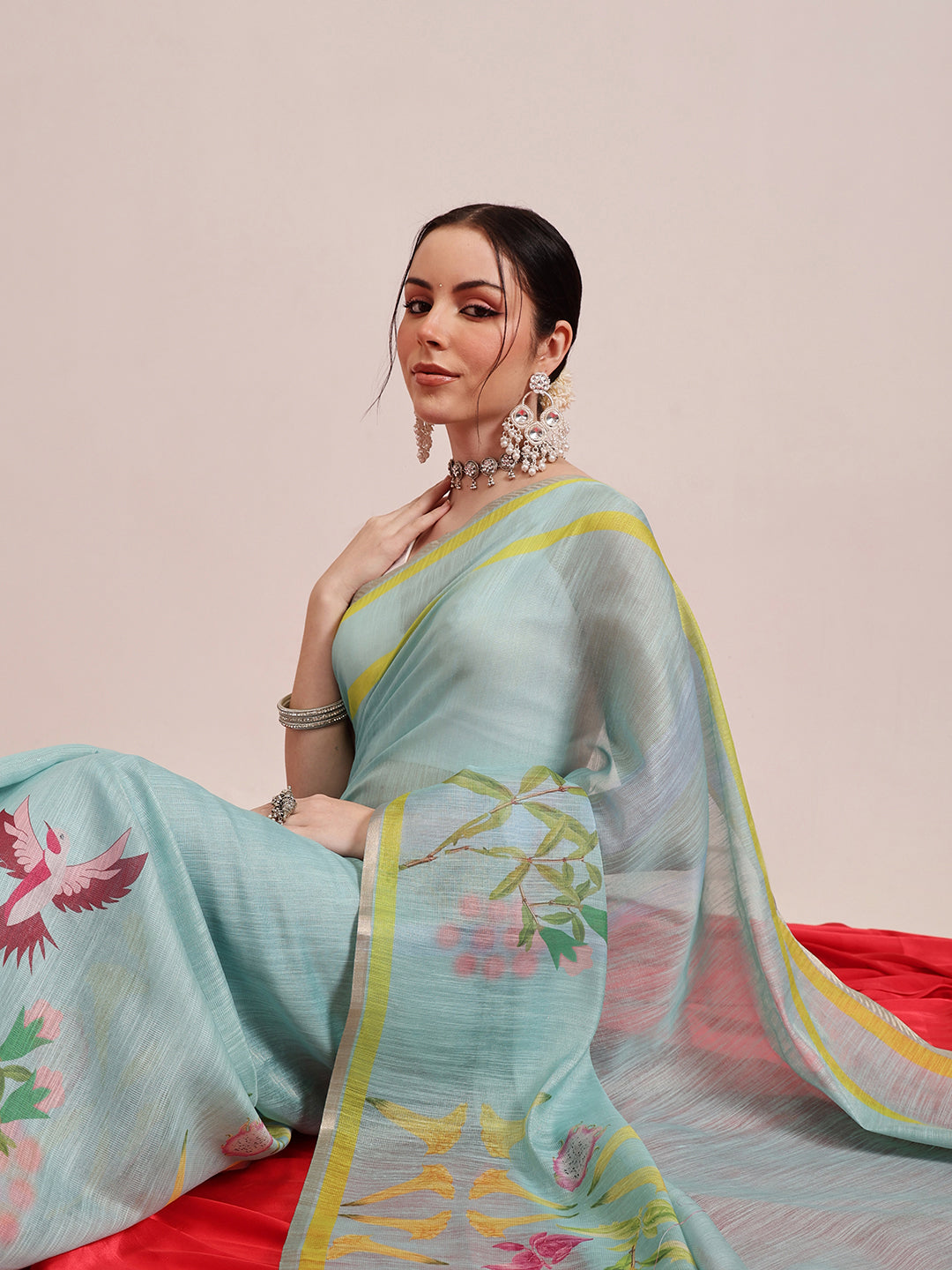 Hiral Fashion Blue Banarasi Cotton Silk Floral Digital Printed Saree | Swadesiicart