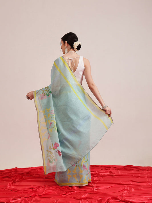 Hiral Fashion Blue Banarasi Cotton Silk Floral Digital Printed Saree | Swadesiicart