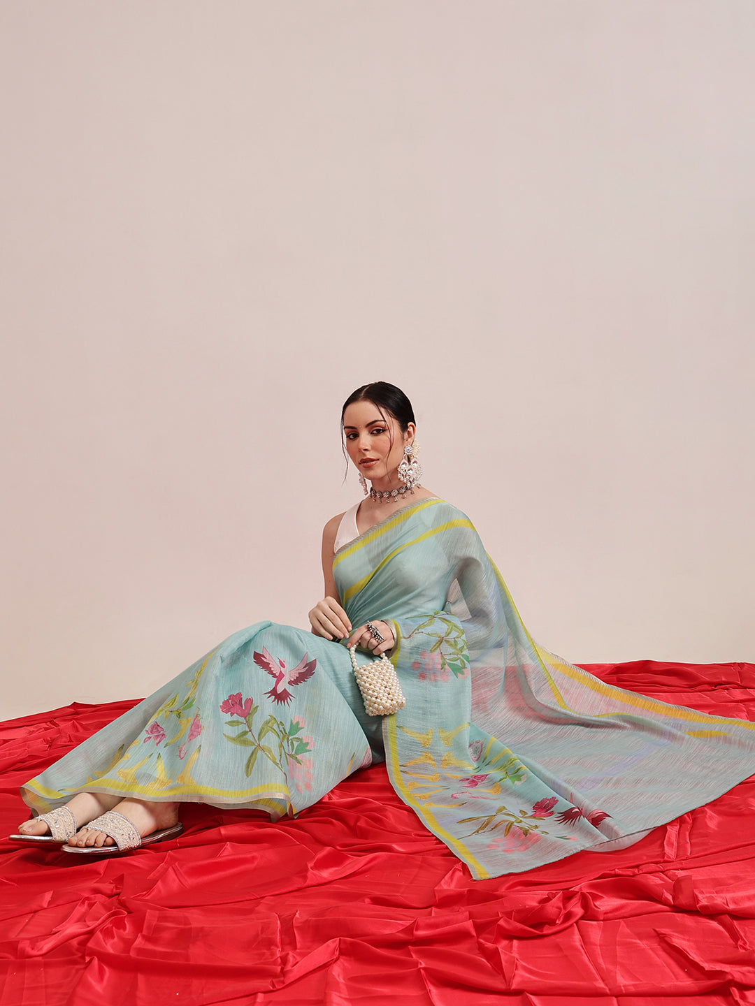 Hiral Fashion Blue Banarasi Cotton Silk Floral Digital Printed Saree | Swadesiicart