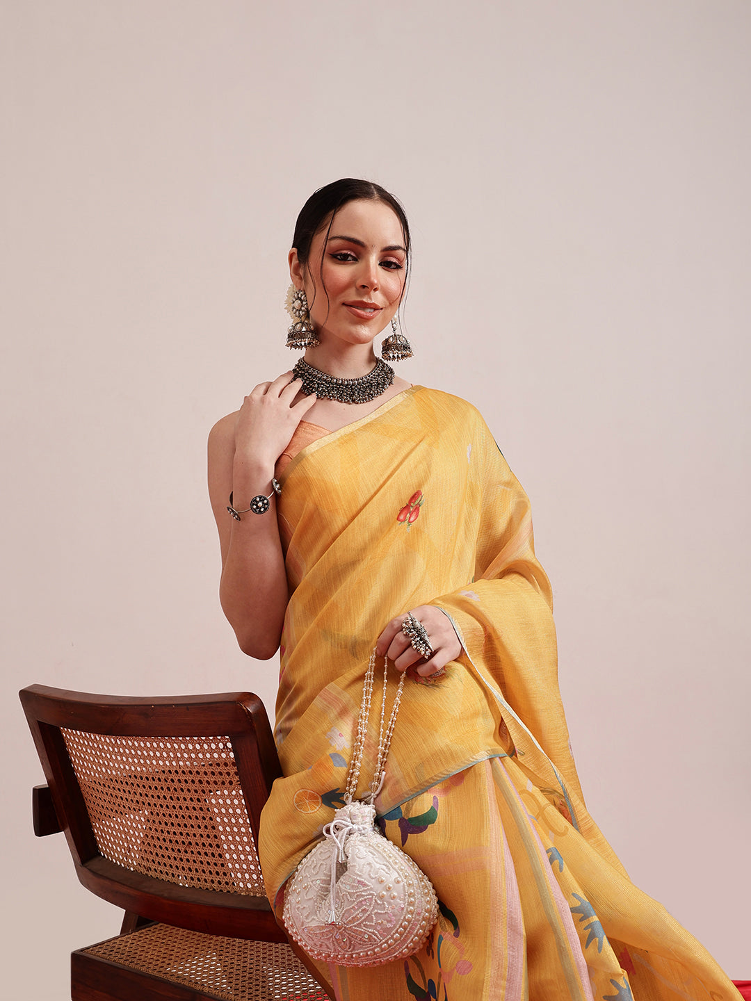 Hiral Fashion Yellow Banarasi Cotton Silk Fruits Digital Printed Saree | Swadesiicart