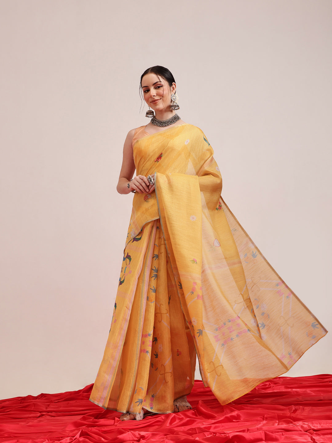 Hiral Fashion Yellow Banarasi Cotton Silk Fruits Digital Printed Saree | Swadesiicart