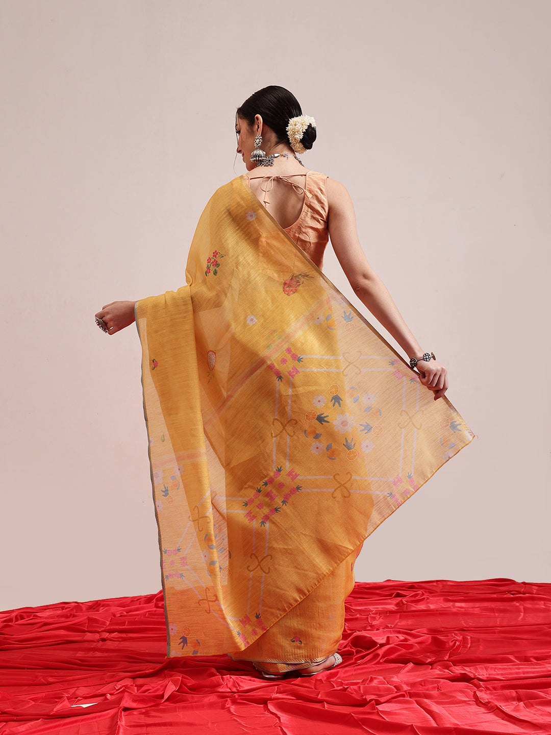 Hiral Fashion Yellow Banarasi Cotton Silk Fruits Digital Printed Saree | Swadesiicart