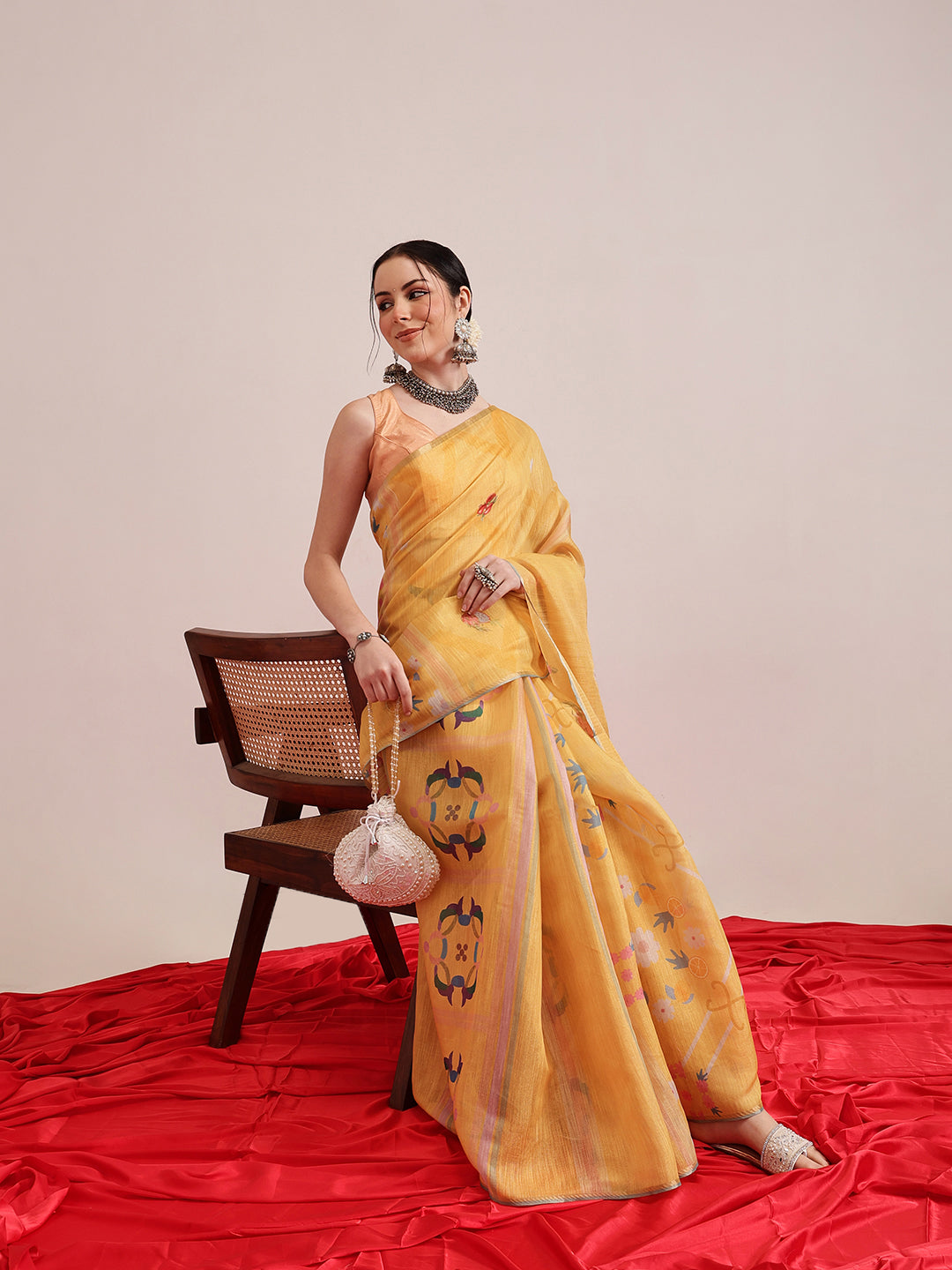 Hiral Fashion Yellow Banarasi Cotton Silk Fruits Digital Printed Saree | Swadesiicart