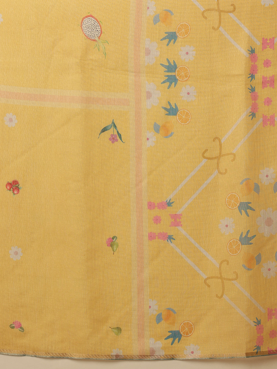 Hiral Fashion Yellow Banarasi Cotton Silk Fruits Digital Printed Saree | Swadesiicart