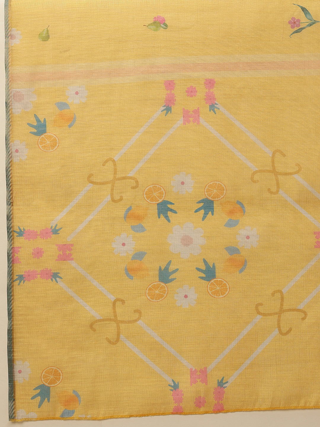 Hiral Fashion Yellow Banarasi Cotton Silk Fruits Digital Printed Saree | Swadesiicart