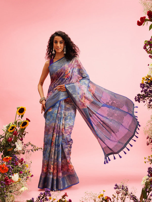 Blue Cotton Digital Print Floral Saree with Unstitched Blouse - Hiral Fashion | Swadesiicart