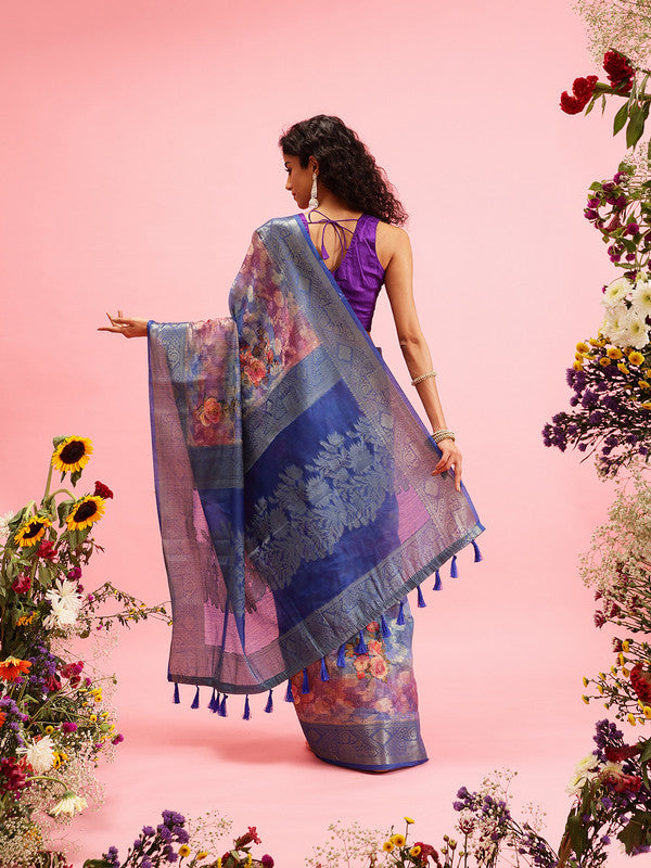 Blue Cotton Digital Print Floral Saree with Unstitched Blouse - Hiral Fashion | Swadesiicart