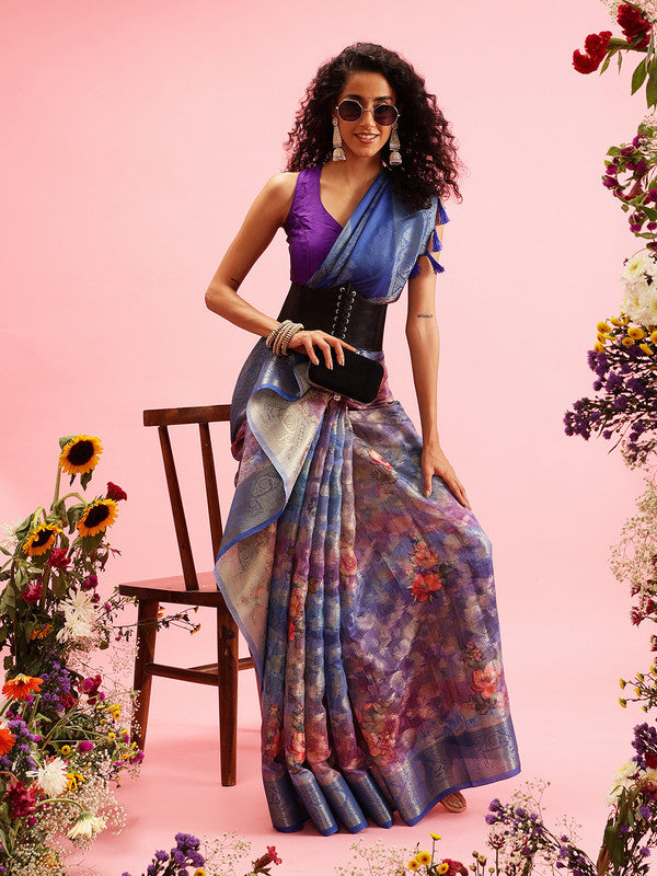 Blue Cotton Digital Print Floral Saree with Unstitched Blouse - Hiral Fashion | Swadesiicart