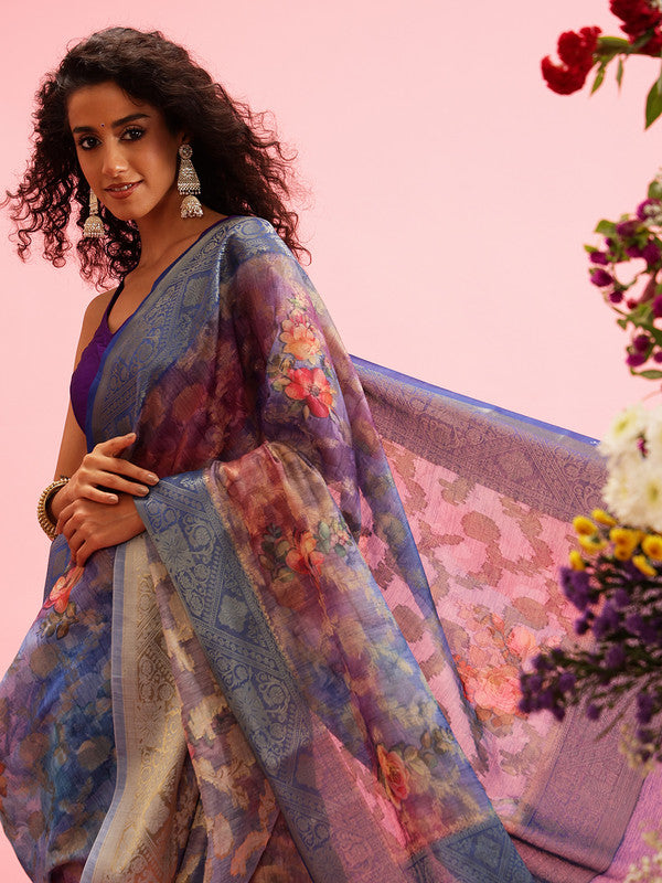Blue Cotton Digital Print Floral Saree with Unstitched Blouse - Hiral Fashion | Swadesiicart