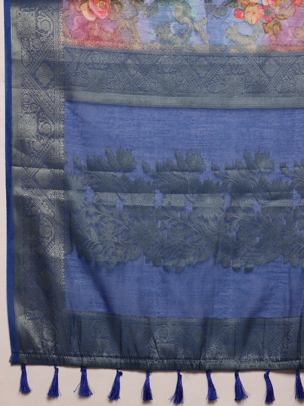 Blue Cotton Digital Print Floral Saree with Unstitched Blouse - Hiral Fashion | Swadesiicart