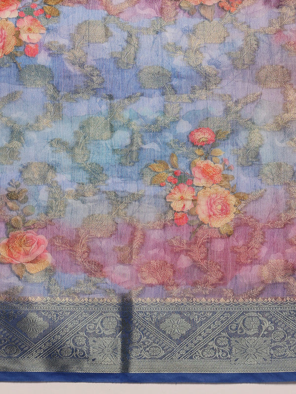 Blue Cotton Digital Print Floral Saree with Unstitched Blouse - Hiral Fashion | Swadesiicart