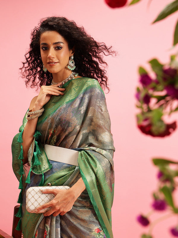 Green Cotton Digital Print Floral Saree with Unstitched Blouse - Hiral Fashion | Swadesiicart