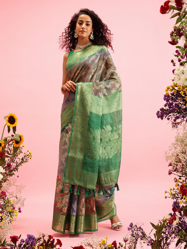 Green Cotton Digital Print Floral Saree with Unstitched Blouse - Hiral Fashion | Swadesiicart