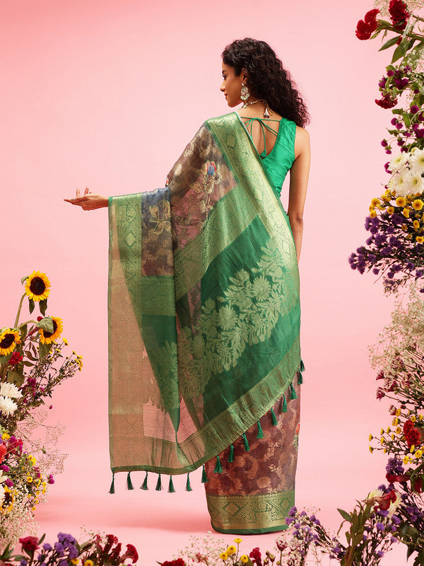 Green Cotton Digital Print Floral Saree with Unstitched Blouse - Hiral Fashion | Swadesiicart
