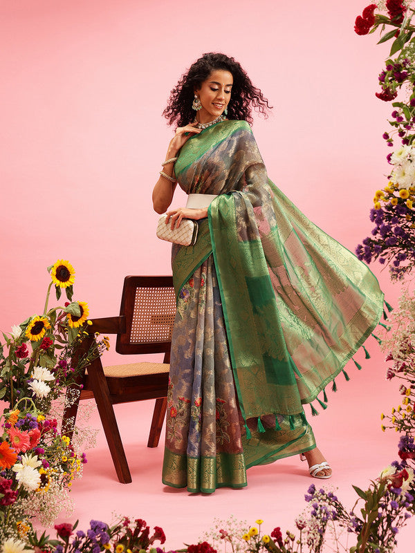 Green Cotton Digital Print Floral Saree with Unstitched Blouse - Hiral Fashion | Swadesiicart