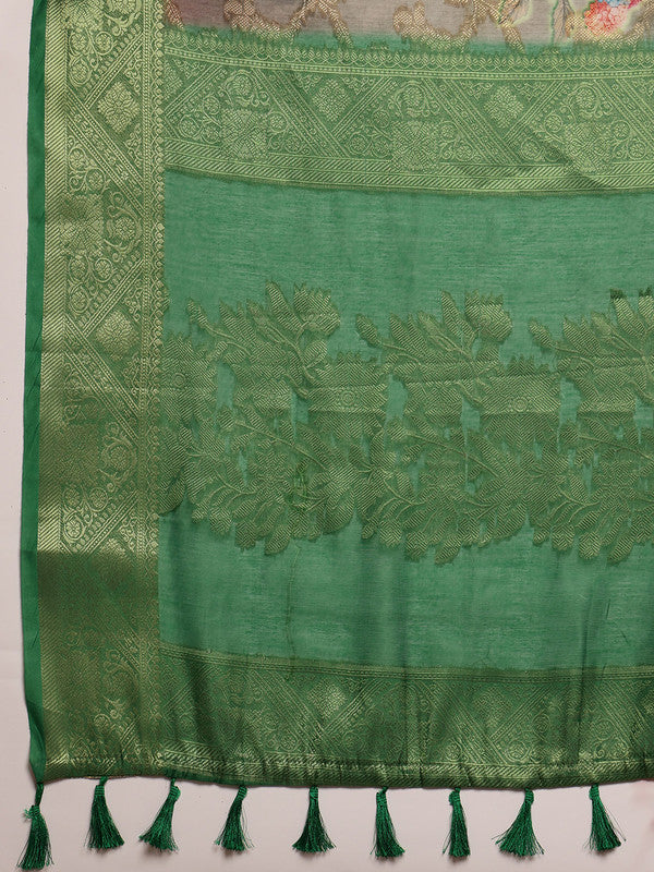 Green Cotton Digital Print Floral Saree with Unstitched Blouse - Hiral Fashion | Swadesiicart
