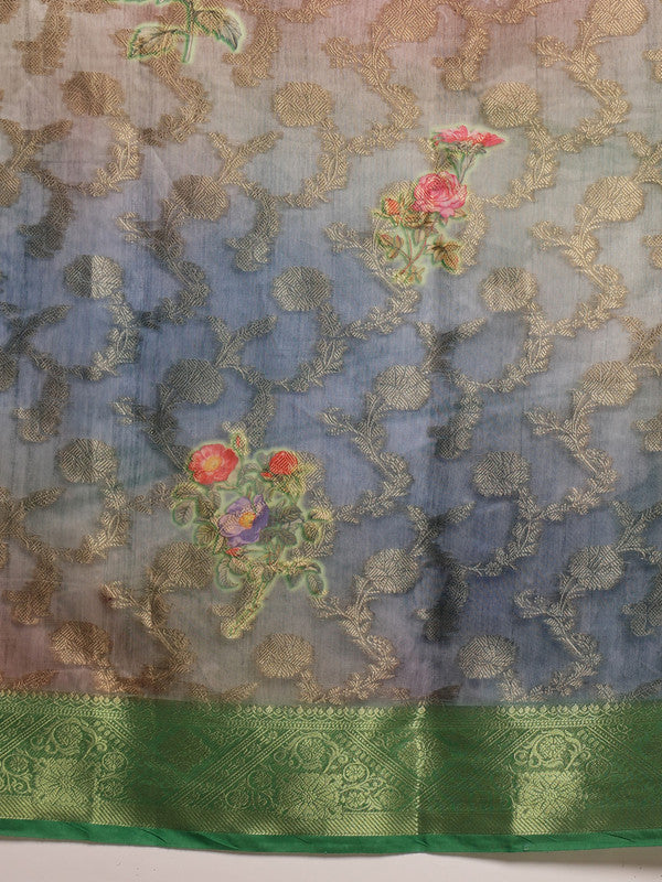 Green Cotton Digital Print Floral Saree with Unstitched Blouse - Hiral Fashion | Swadesiicart