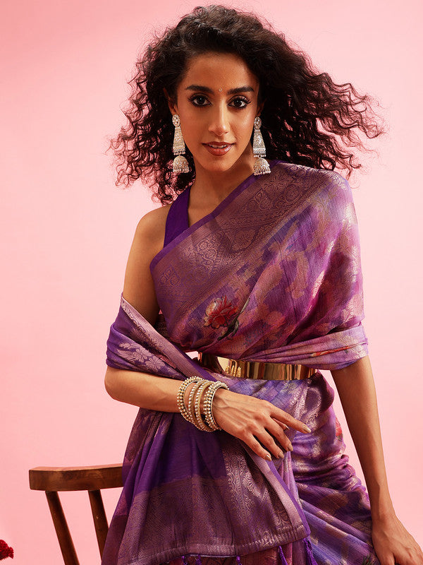 Lavender Cotton Digital Print Floral Saree with Unstitched Blouse - Hiral Fashion | Swadesiicart