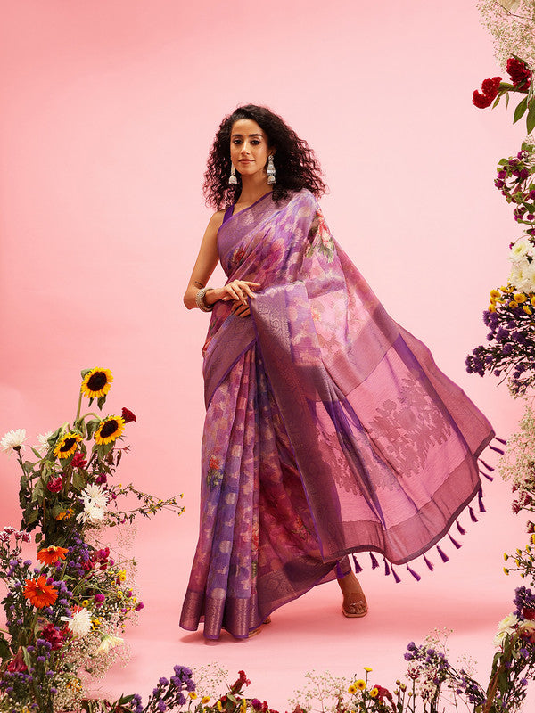 Lavender Cotton Digital Print Floral Saree with Unstitched Blouse - Hiral Fashion | Swadesiicart