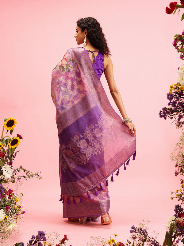 Lavender Cotton Digital Print Floral Saree with Unstitched Blouse - Hiral Fashion | Swadesiicart