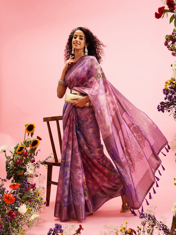 Lavender Cotton Digital Print Floral Saree with Unstitched Blouse - Hiral Fashion | Swadesiicart