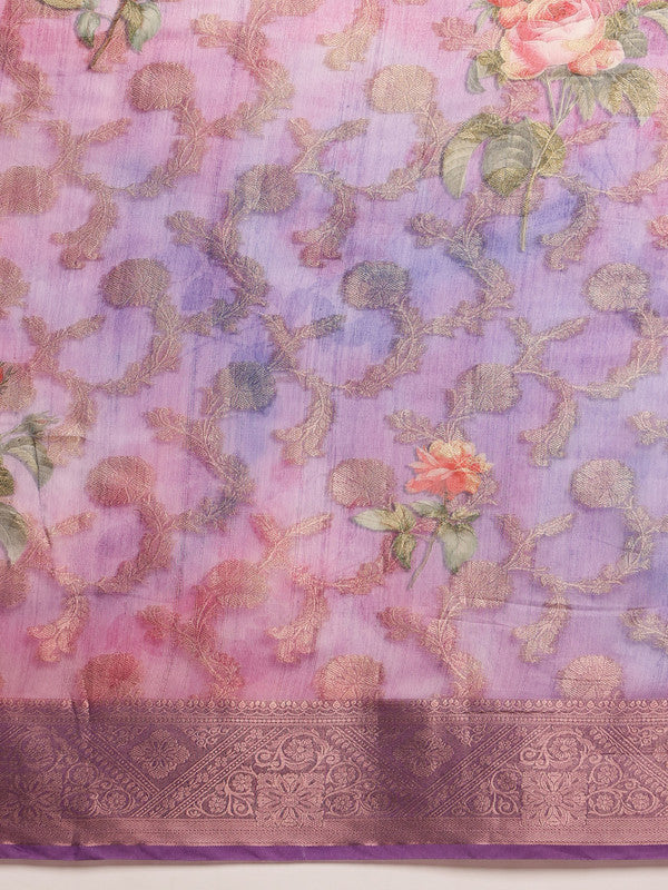 Lavender Cotton Digital Print Floral Saree with Unstitched Blouse - Hiral Fashion | Swadesiicart