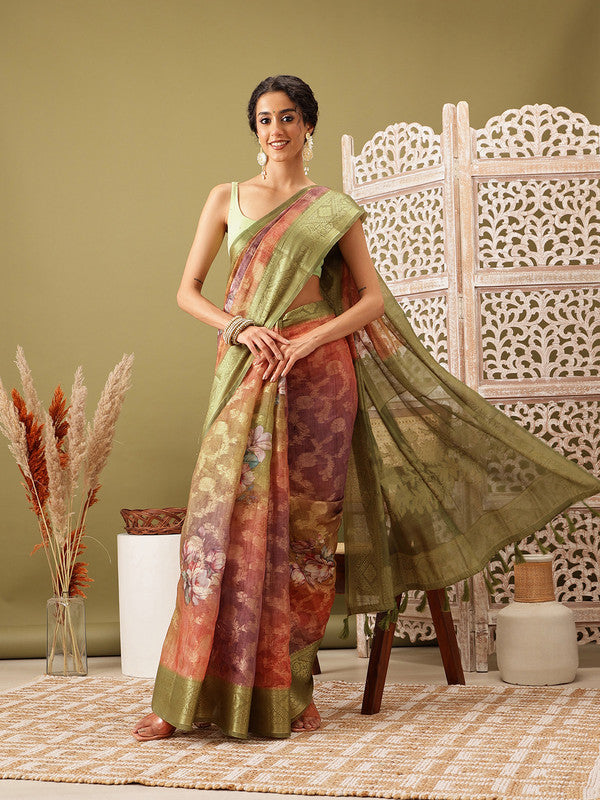 Olive Cotton Digital Print Floral Saree with Unstitched Blouse - Hiral Fashion | Swadesiicart