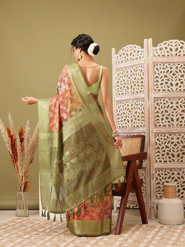 Olive Cotton Digital Print Floral Saree with Unstitched Blouse - Hiral Fashion | Swadesiicart