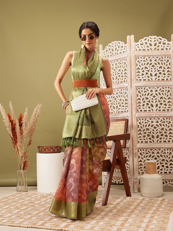 Olive Cotton Digital Print Floral Saree with Unstitched Blouse - Hiral Fashion | Swadesiicart