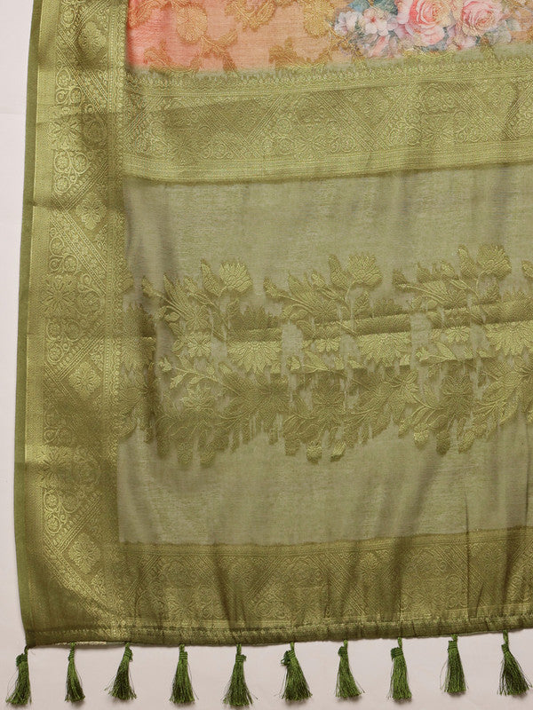 Olive Cotton Digital Print Floral Saree with Unstitched Blouse - Hiral Fashion | Swadesiicart