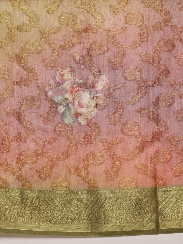Olive Cotton Digital Print Floral Saree with Unstitched Blouse - Hiral Fashion | Swadesiicart